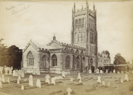 Mells Ch. Somerset, Exterior of the Church of St. Andrew with a churchyard in front in Mells,