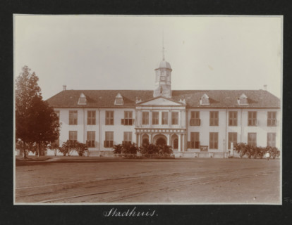 Front of the Batavia City Hall, City Hall., album page, photograph, Part of Travel Album with