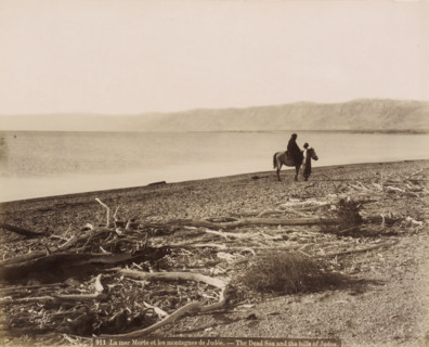 Rider and man on the shore of the Dead Sea with washed-up branches in the foreground, La mer Morte