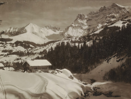 Landscape near Adelboden., View of the snow-covered mountains near Adelboden, photograph, Part of