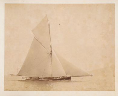 Sailing ship launched, album page, photograph, This photo is part of an album., check stamp: