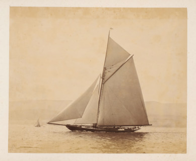 Two sailing ships launched, album page, photograph, This photo is part of an album., check stamp: