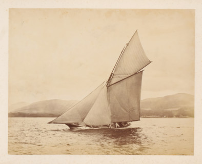 Sailing ship Idalia No. 1 launched with a hilly landscape in the background, album page,