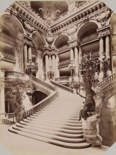 Interior with stairs of the Opéra de Paris, album page, photograph, This photo is part of an album
