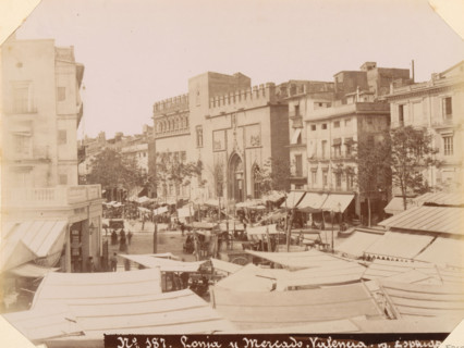 Market in Valencia, Lonja y Mercado. Valencia, album page, photograph, This photo is part of an