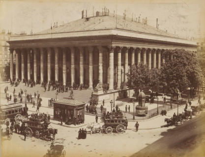 Horse-drawn trams in front of Palais Brongniart, album page, photograph, This photo is part of an