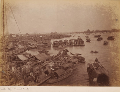 View of the river with boats near Guangzhou, photograph, annotation: 'Canton, Riverscene and