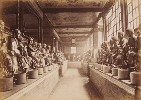 Interior of the Hualin Temple of Guangzhou with statues, photograph, annotation: 'Canton-Part of