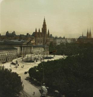 Burgring with the Austrian Parliament and Viennese Town Hall in the background, Vienna, Wien.