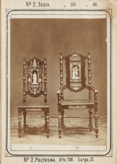 Two chairs with inlaid decorations, No 2 Sedia, Poltrona, photograph, page, inscription: '' 115 '