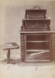 No 12 Etager, Wooden cupboard and side table, photograph, page, inscription: 'Alto, 145. Largo, 90.