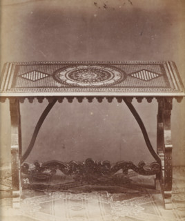 No 22 Tavola, Table with marquetry, photograph, page, inscription: 'Alta, 87. Larga, 122, Fonda 69
