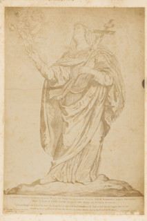Photo reproduction of an engraving by Liduina van Schiedam with crucifix and rose branch by