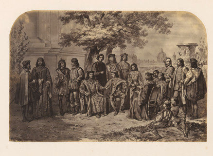 Photo reproduction of a print of the court of Lorenzo I de'Medici, photograph, reproduction, page,