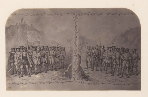 Photo reproduction of a print of Christopher Columbus and Vasco da Gama with their troops,