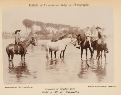 Riders in a river, photograph, page, inscription: 'Concours de Négatifs 1885, Médaille de bronze.',