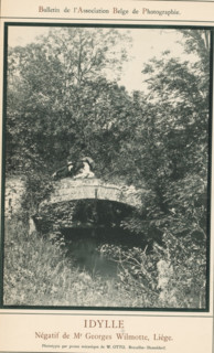 Man and woman on a bridge over the Berwinne, Idylle, page, photomechanical print, photographer: