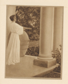 Woman with laurel branch at a temple, page, photomechanical print, copyright notice: 'C', maker: