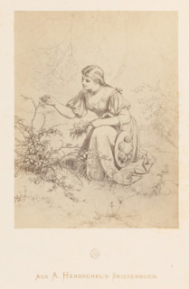 Photo reproduction of a sketch of a girl picking flowers by Albert Hendschel, From A. Hendschel's