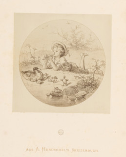 Photo reproduction of a reclining child playing a flute by Albert Hendschel, From A. Hendschel's