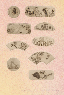 Nine Japanese motifs, possibly fans, print, annotation: 'imprimé pour m. Burty, Spécimen