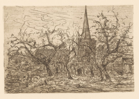 Village church behind trees (original title), print, printmaker: Floris Verster, 1888, paper,