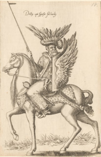 Rider on horseback, dressed in fur with shield and hat with feathers, Delly qui signifie fol hardy,