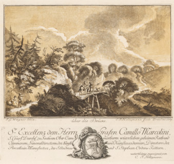 over the Bridge, Hilly landscape with shepherds over a bridge, print, album page, Text in German in