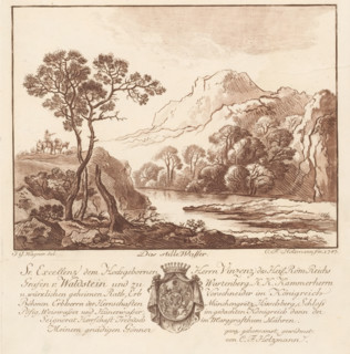 Mountain landscape with a river, Das stille Wasser, print, album page, Text in German in the lower