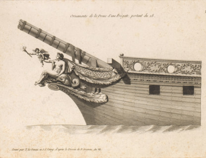 Prow and figurehead of a frigate, Ornements de la proue d'une frégate, portant du 18, Ornements de