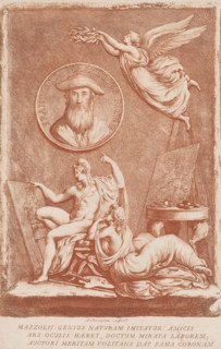 Allegory of the artist Francesco Mazzoli, known as Parmigianino, print, Trompe-l'oeil of a sculpted