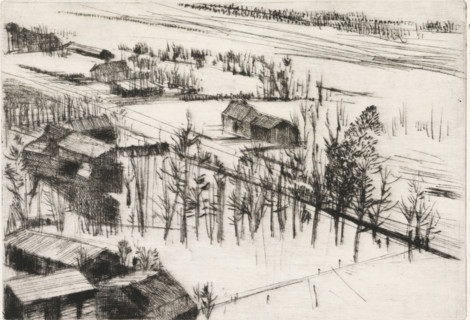 Village in bird's-eye view, print, Village in bird's-eye view., signature: 'KEES STOOP',