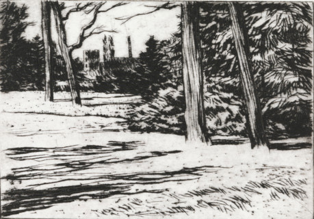 Forest and chimney, print, In the foreground a forest and in the background on the horizon a