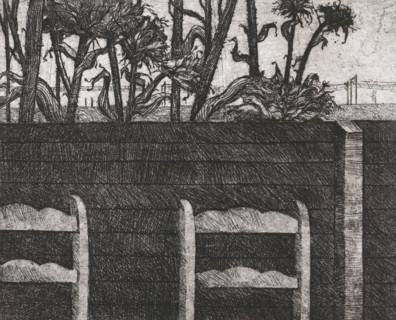 Chairs by fence, print, Backrests of chairs in front of a fence behind which sunflowers stand.,