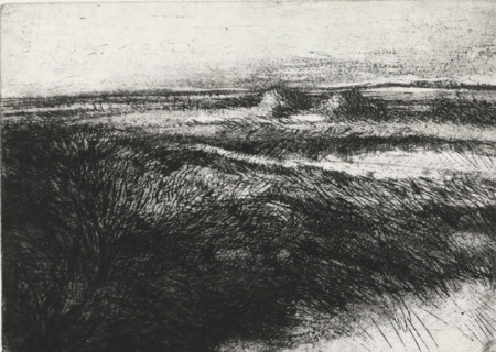 Dune landscape, print, Dune landscape with marram grass, the sea on the left on the horizon.,
