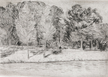 Park by the water, print, a bench in the middle of the image., signature and date: 'KEES STOOP',