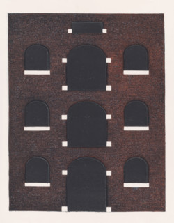 La façade, print, Facade of a house with black windows with a round top and some white frames.,