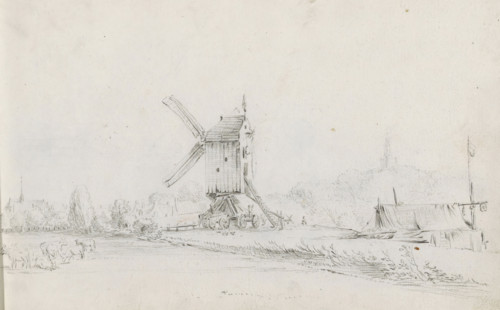 Landscape with windmill, sketchbook page, In the foreground a meadow with grazing cattle and in the