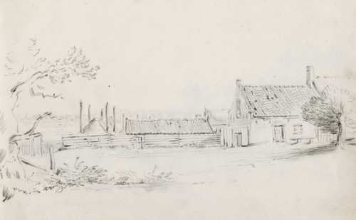 Farm with barns and a haystack, sketchbook page, Page 17 recto from a sketchbook with 39 pages.,