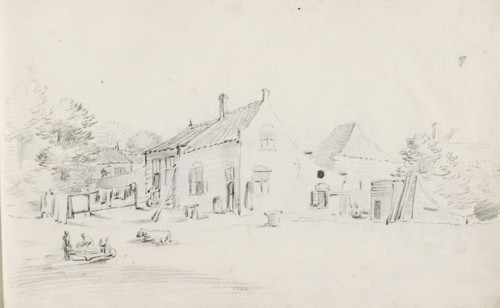 Farmyard with laundry, an animal and figures, sketchbook page, Page 21 recto from a sketchbook with