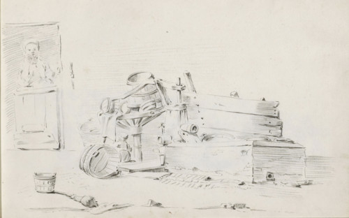Courtyard with household goods and farmer's wife in a doorway, sketchbook page, Courtyard with a