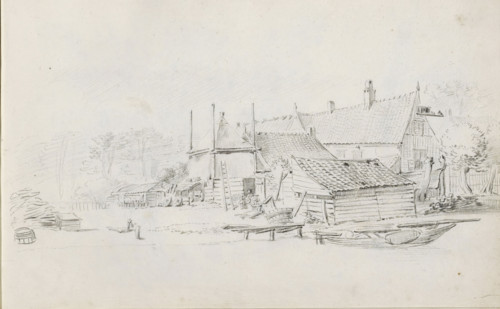 Farm and yard by a waterside, sketchbook page, Landscape with a farm and yard on which agricultural