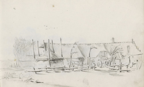 Farmyard with a haystack and two carts, sketchbook page, Page 7 recto from a sketchbook with 39