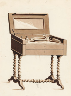Design for a men's dressing table, drawing, album page, Men's dressing table on twisted legs with