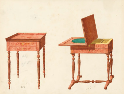 Design for a knitting table and a game table, drawing, album page, A knitting table and a game