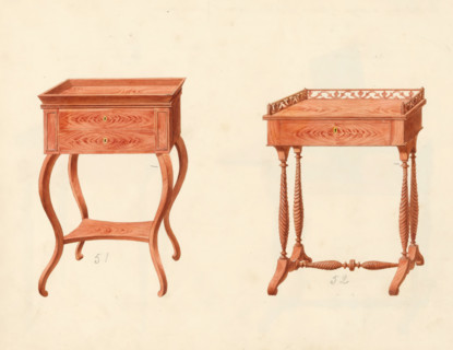 Design for a chest of drawers and a knitting table, drawing, album page, Designs for a chest of
