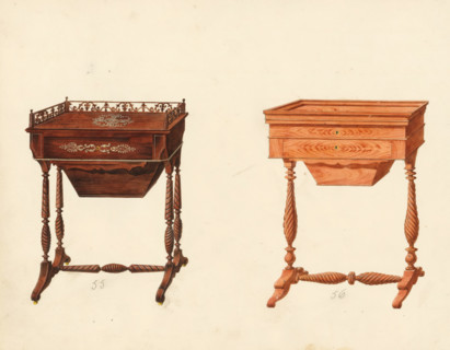 Two designs for knitting tables, drawing, album page, one with an openwork design and executed in