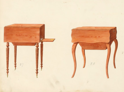 Two designs for nightstands, drawing, album page, Two designs for a nightstand (Vide poche model).