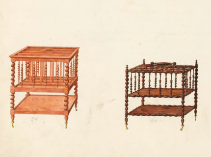 Two designs for music racks, drawing, album page, Two designs for racks for music sheets, one in