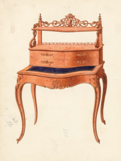 Design for a ladies' desk, drawing, album page, Design for a ladies' desk in mahogany (Louis XV